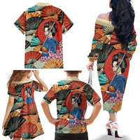 Japanese Geisha Katana Family Matching Off The Shoulder Long Sleeve Dress and Hawaiian Shirt Japan Sensu Seigaiha Pattern LT14 - Polynesian Pride