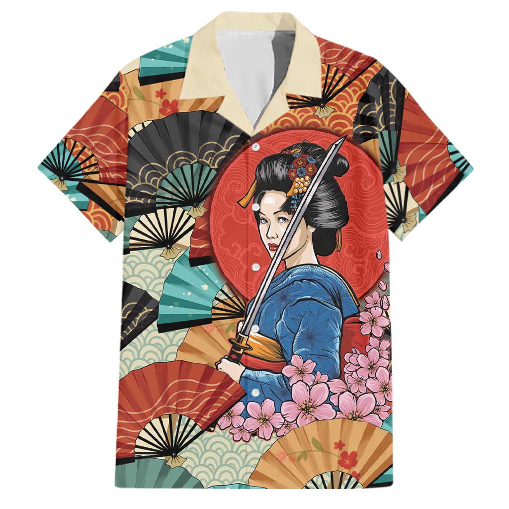 Japanese Geisha Katana Family Matching Off The Shoulder Long Sleeve Dress and Hawaiian Shirt Japan Sensu Seigaiha Pattern LT14 Dad's Shirt - Short Sleeve Multicolor - Polynesian Pride