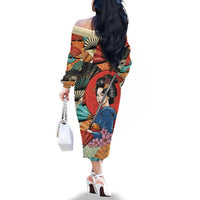 Japanese Geisha Katana Family Matching Off The Shoulder Long Sleeve Dress and Hawaiian Shirt Japan Sensu Seigaiha Pattern LT14 - Polynesian Pride