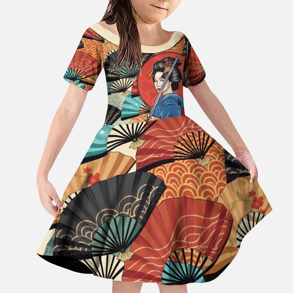 Japanese Geisha Katana Family Matching Off Shoulder Short Dress and Hawaiian Shirt Japan Sensu Seigaiha Pattern LT14 Daughter's Dress Multicolor - Polynesian Pride