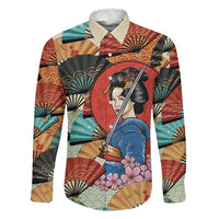 Japanese Geisha Katana Family Matching Off Shoulder Short Dress and Hawaiian Shirt Japan Sensu Seigaiha Pattern LT14 Dad's Shirt - Long Sleeve Multicolor - Polynesian Pride
