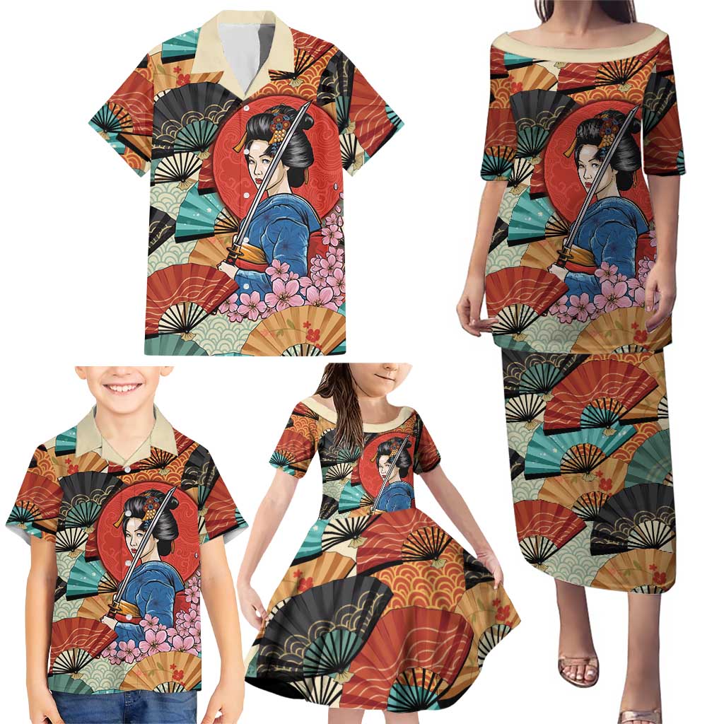 Japanese Geisha Katana Family Matching Puletasi and Hawaiian Shirt Japan Sensu Seigaiha Pattern - Polynesian Pride