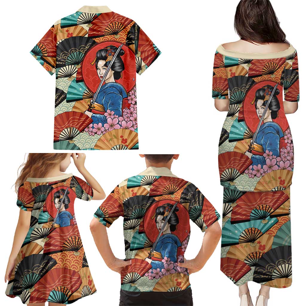 Japanese Geisha Katana Family Matching Puletasi and Hawaiian Shirt Japan Sensu Seigaiha Pattern LT14 - Polynesian Pride