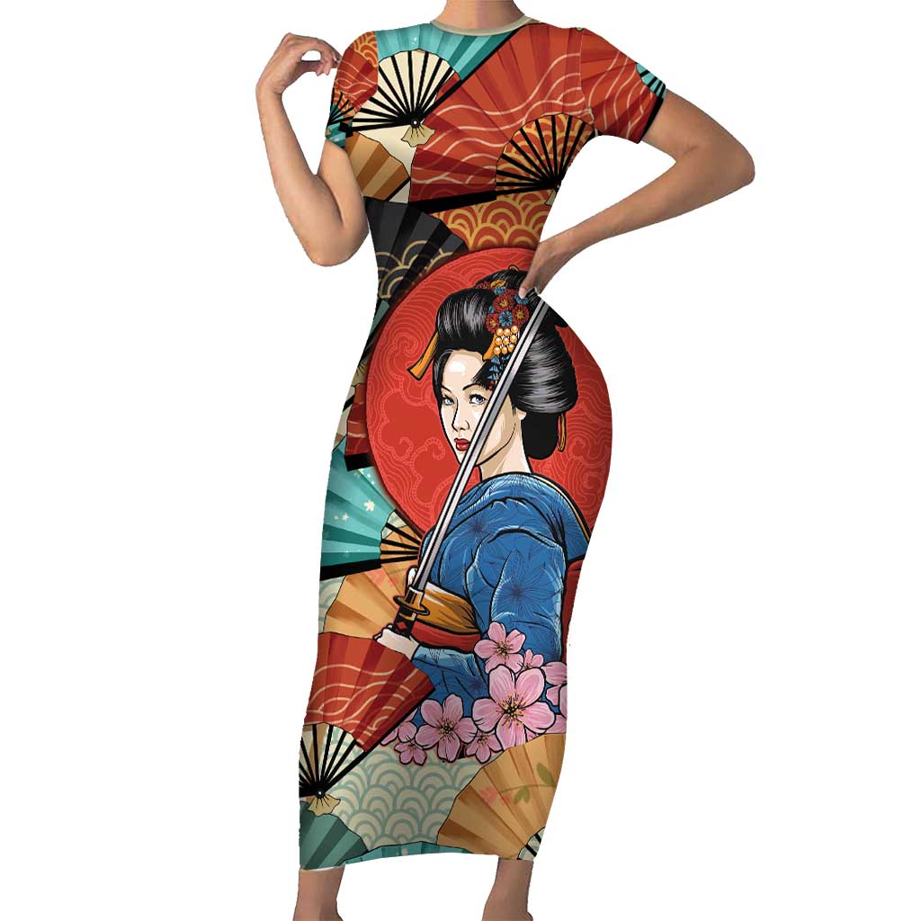 Japanese Geisha Katana Family Matching Short Sleeve Bodycon Dress and Hawaiian Shirt Japan Sensu Seigaiha Pattern LT14 Mom's Dress Multicolor - Polynesian Pride