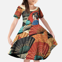Japanese Geisha Katana Family Matching Summer Maxi Dress and Hawaiian Shirt Japan Sensu Seigaiha Pattern LT14 Daughter's Dress Multicolor - Polynesian Pride