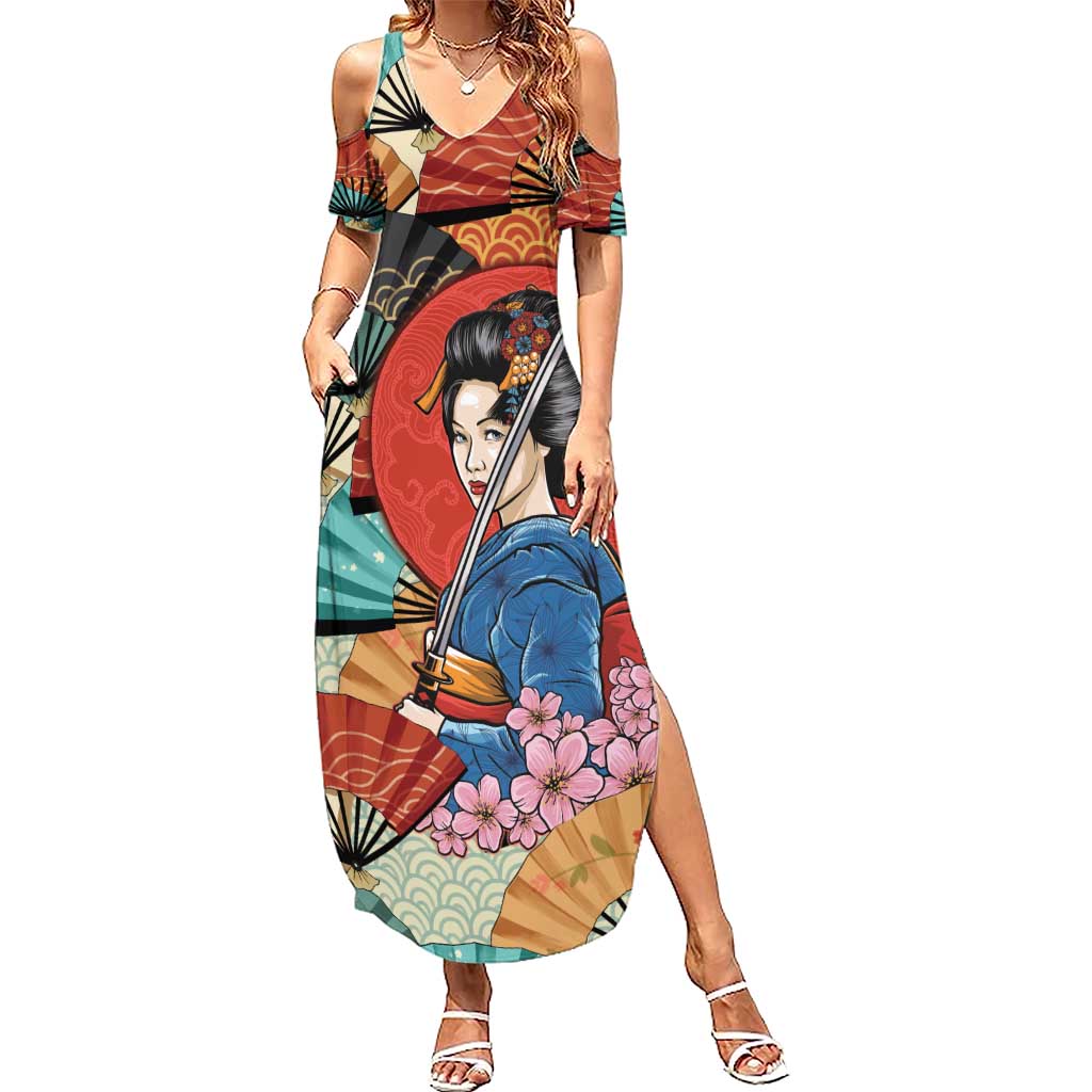 Japanese Geisha Katana Family Matching Summer Maxi Dress and Hawaiian Shirt Japan Sensu Seigaiha Pattern LT14 Mom's Dress Multicolor - Polynesian Pride