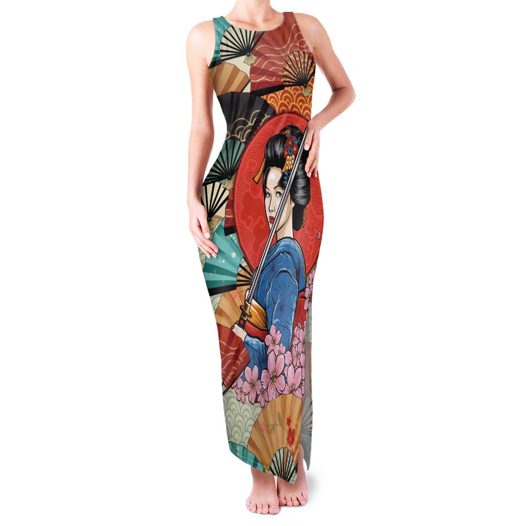 Japanese Geisha Katana Family Matching Tank Maxi Dress and Hawaiian Shirt Japan Sensu Seigaiha Pattern LT14 Mom's Dress Multicolor - Polynesian Pride