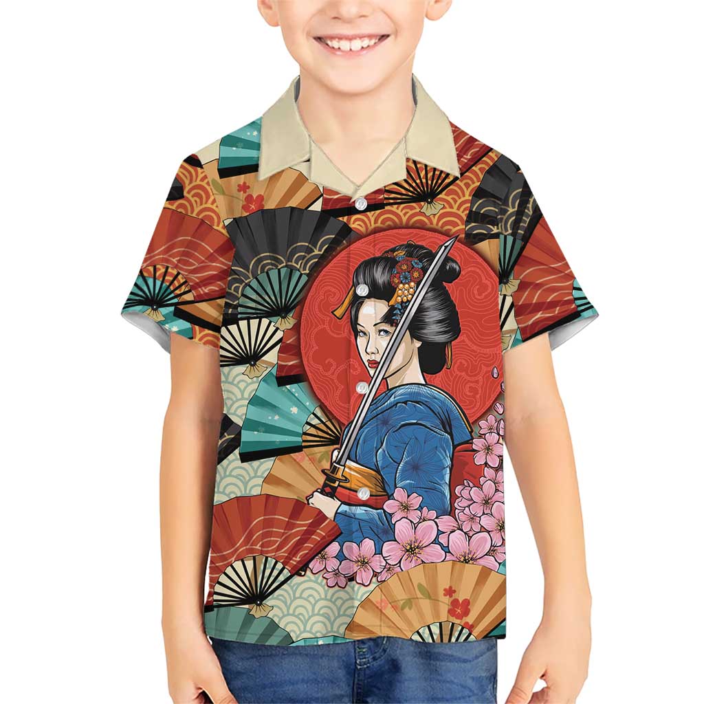 Japanese Geisha Katana Family Matching Tank Maxi Dress and Hawaiian Shirt Japan Sensu Seigaiha Pattern LT14 Son's Shirt Multicolor - Polynesian Pride
