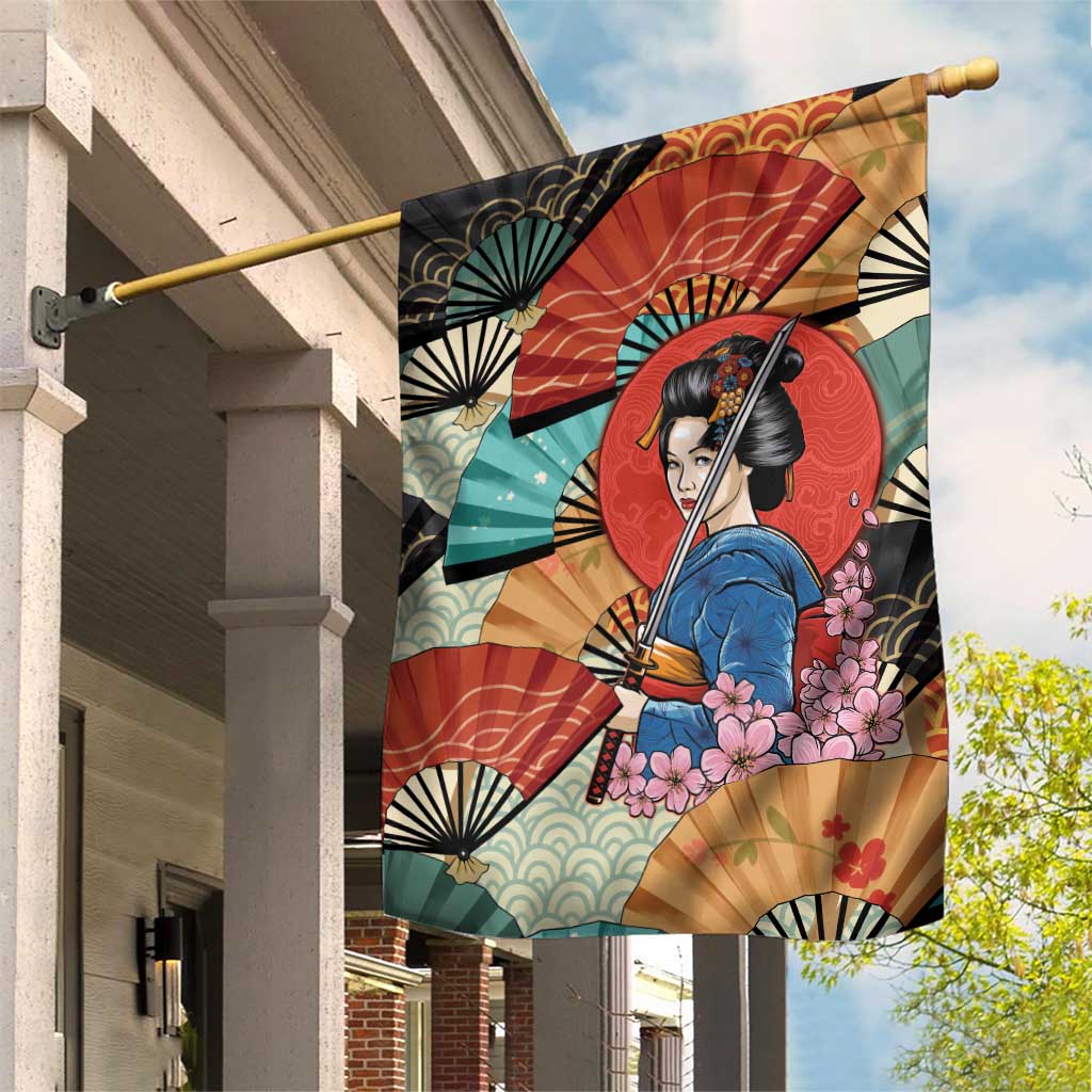 Japanese Geisha Katana Garden Flag Japan Sensu Seigaiha Pattern - Polynesian Pride