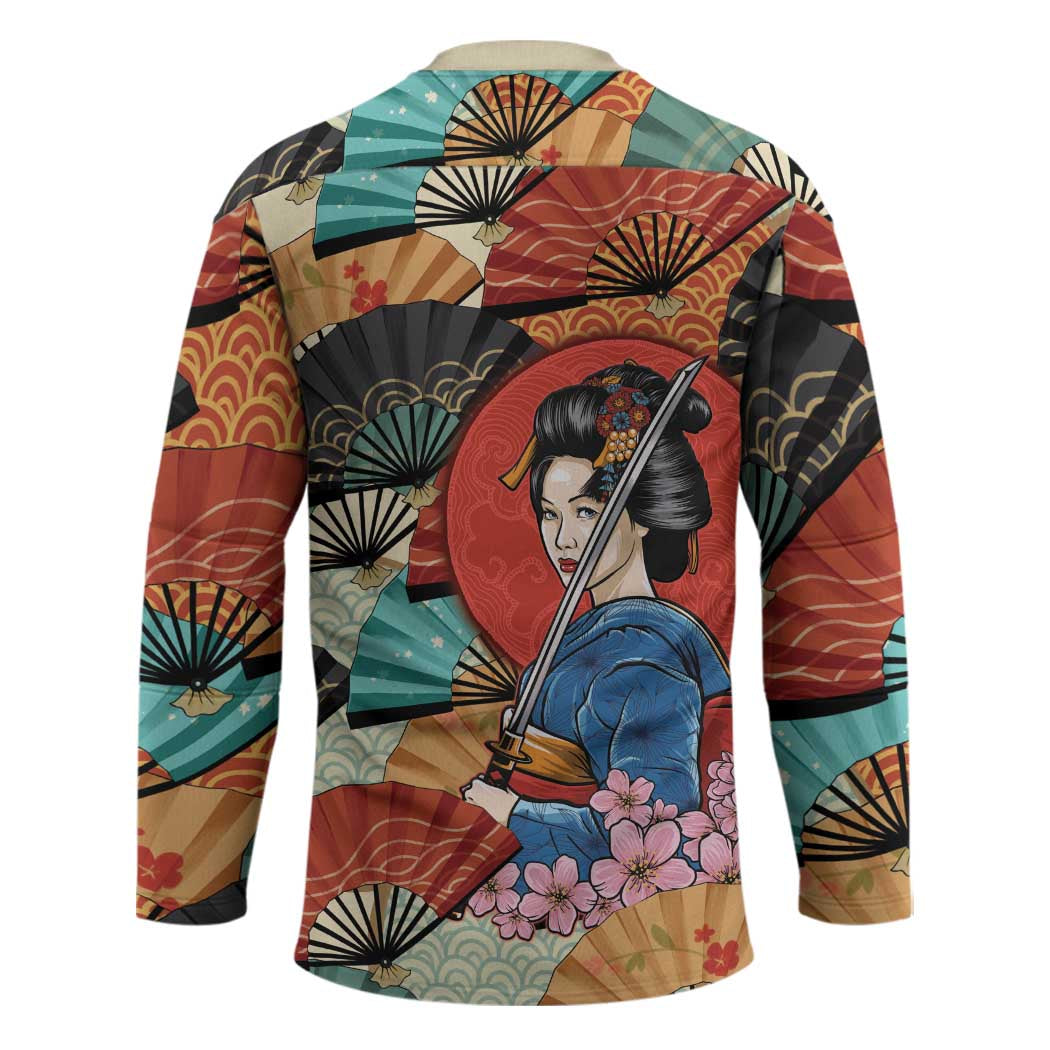 Japanese Geisha Katana Hockey Jersey Japan Sensu Seigaiha Pattern - Polynesian Pride