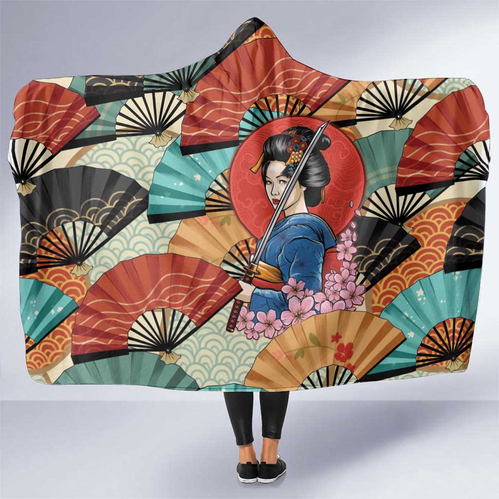 Japanese Geisha Katana Hooded Blanket Japan Sensu Seigaiha Pattern - Polynesian Pride