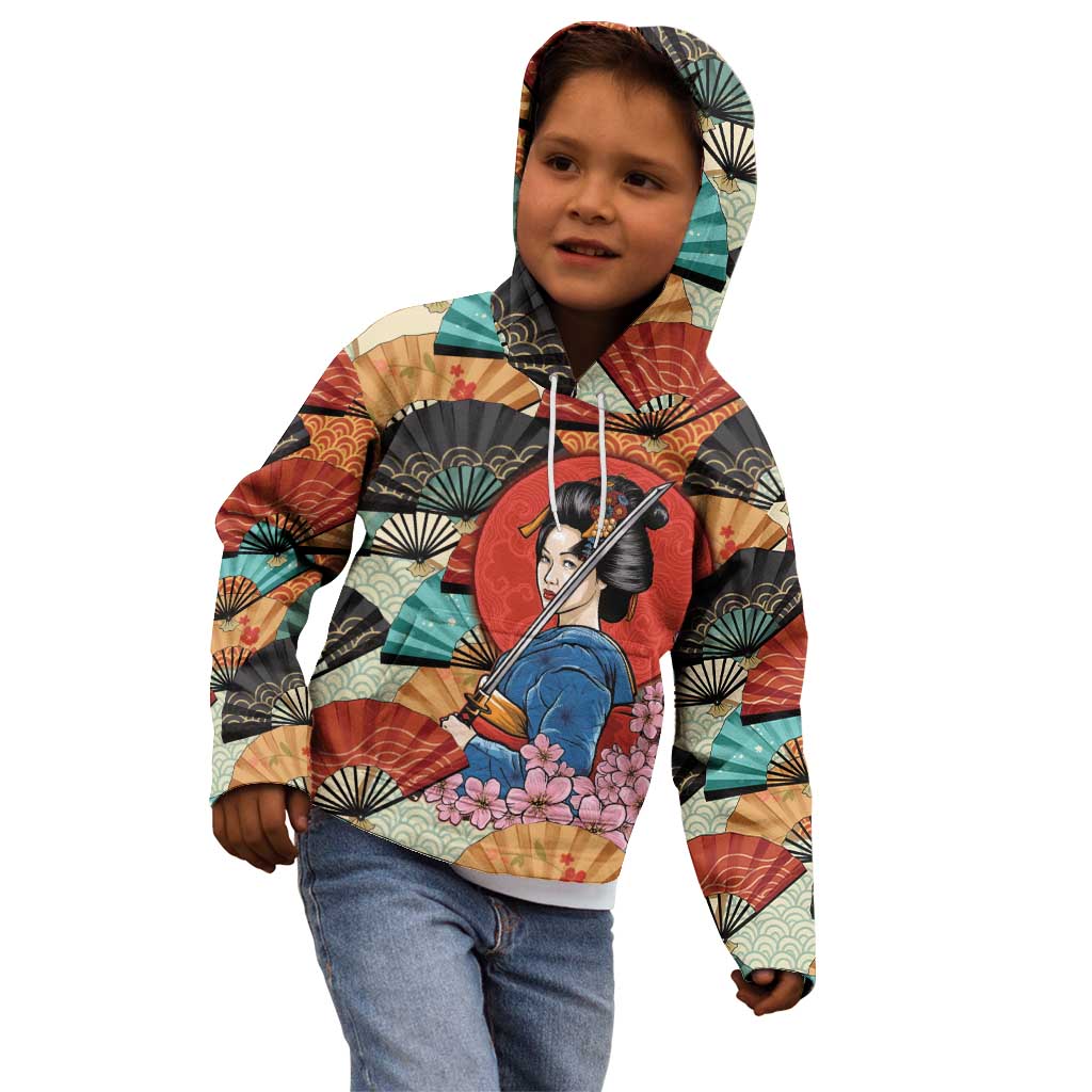 Japanese Geisha Katana Kid Hoodie Japan Sensu Seigaiha Pattern - Polynesian Pride