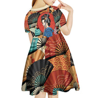 Japanese Geisha Katana Kid Short Sleeve Dress Japan Sensu Seigaiha Pattern - Polynesian Pride
