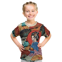 Japanese Geisha Katana Kid T Shirt Japan Sensu Seigaiha Pattern - Polynesian Pride