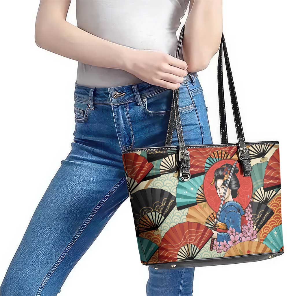 Japanese Geisha Katana Leather Tote Bag Japan Sensu Seigaiha Pattern - Polynesian Pride