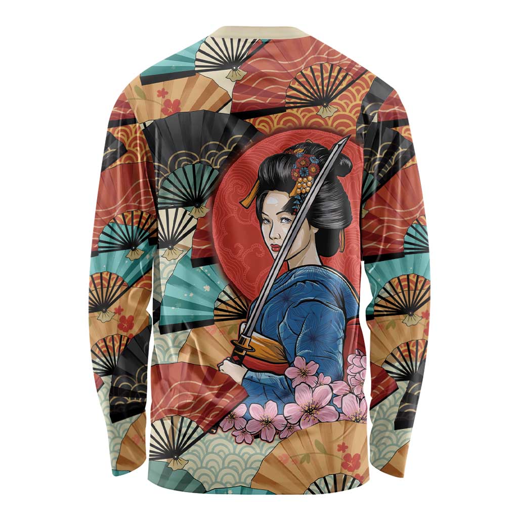Japanese Geisha Katana Long Sleeve Shirt Japan Sensu Seigaiha Pattern - Polynesian Pride