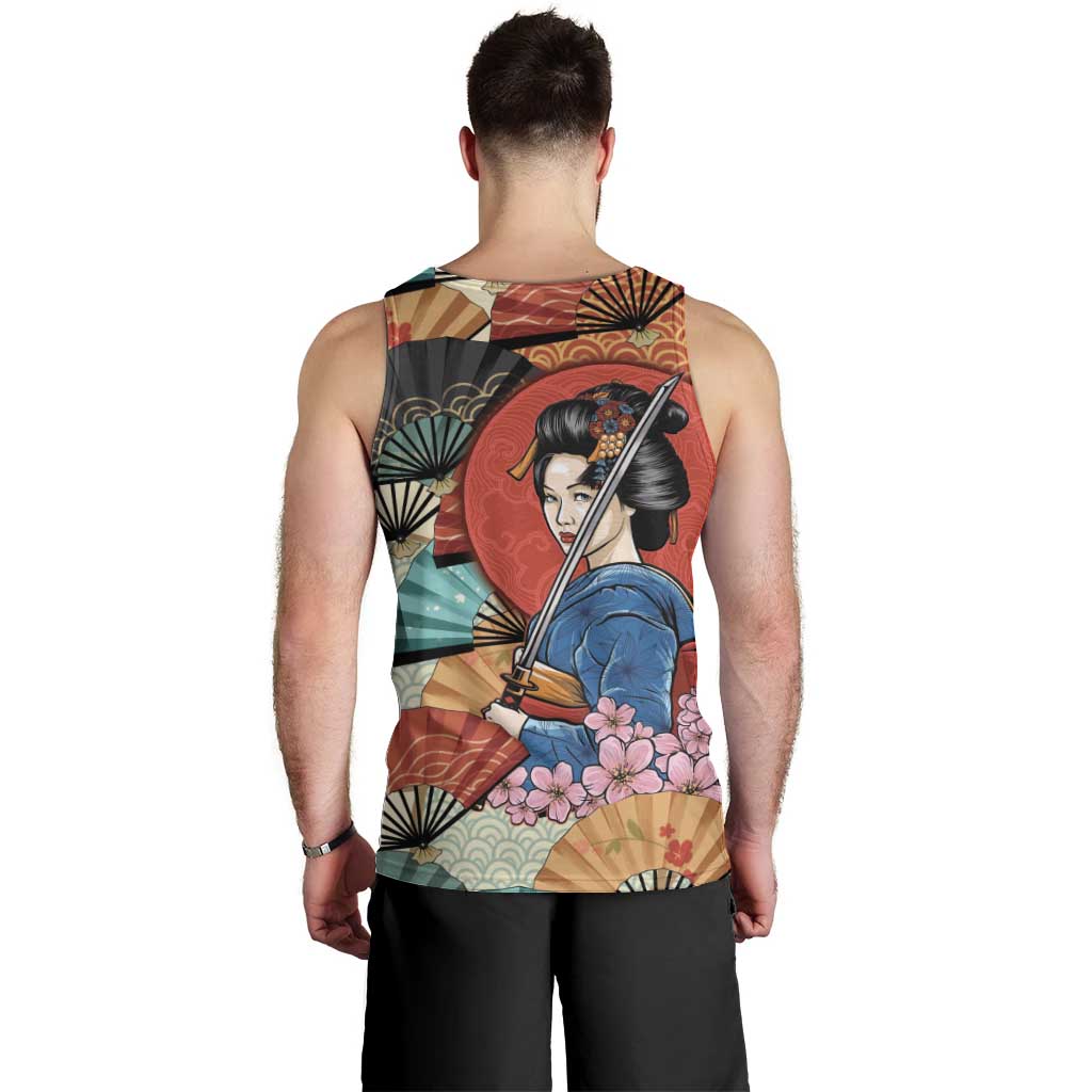 Japanese Geisha Katana Men Tank Top Japan Sensu Seigaiha Pattern LT14 - Polynesian Pride