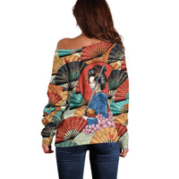 Japanese Geisha Katana Off Shoulder Sweater Japan Sensu Seigaiha Pattern - Polynesian Pride