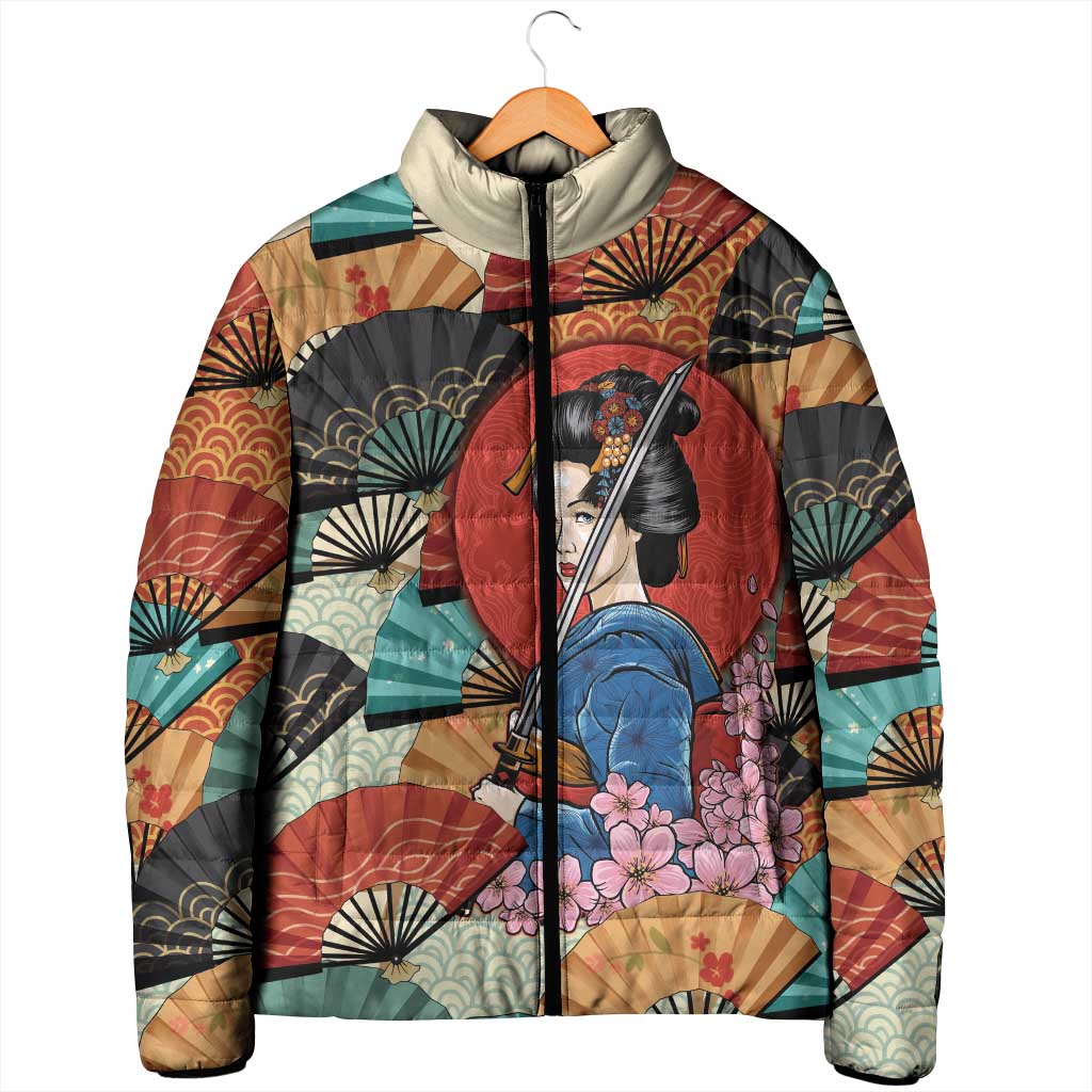 Japanese Geisha Katana Padded Jacket Japan Sensu Seigaiha Pattern - Polynesian Pride