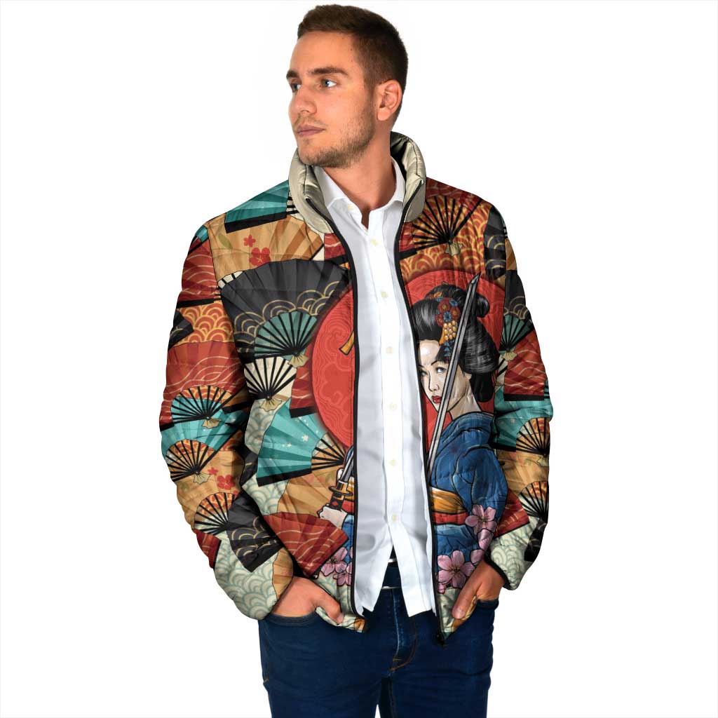 Japanese Geisha Katana Padded Jacket Japan Sensu Seigaiha Pattern - Polynesian Pride