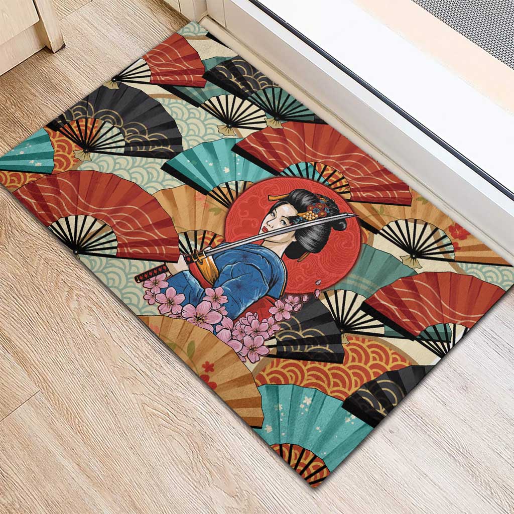Japanese Geisha Katana Rubber Doormat Japan Sensu Seigaiha Pattern - Polynesian Pride
