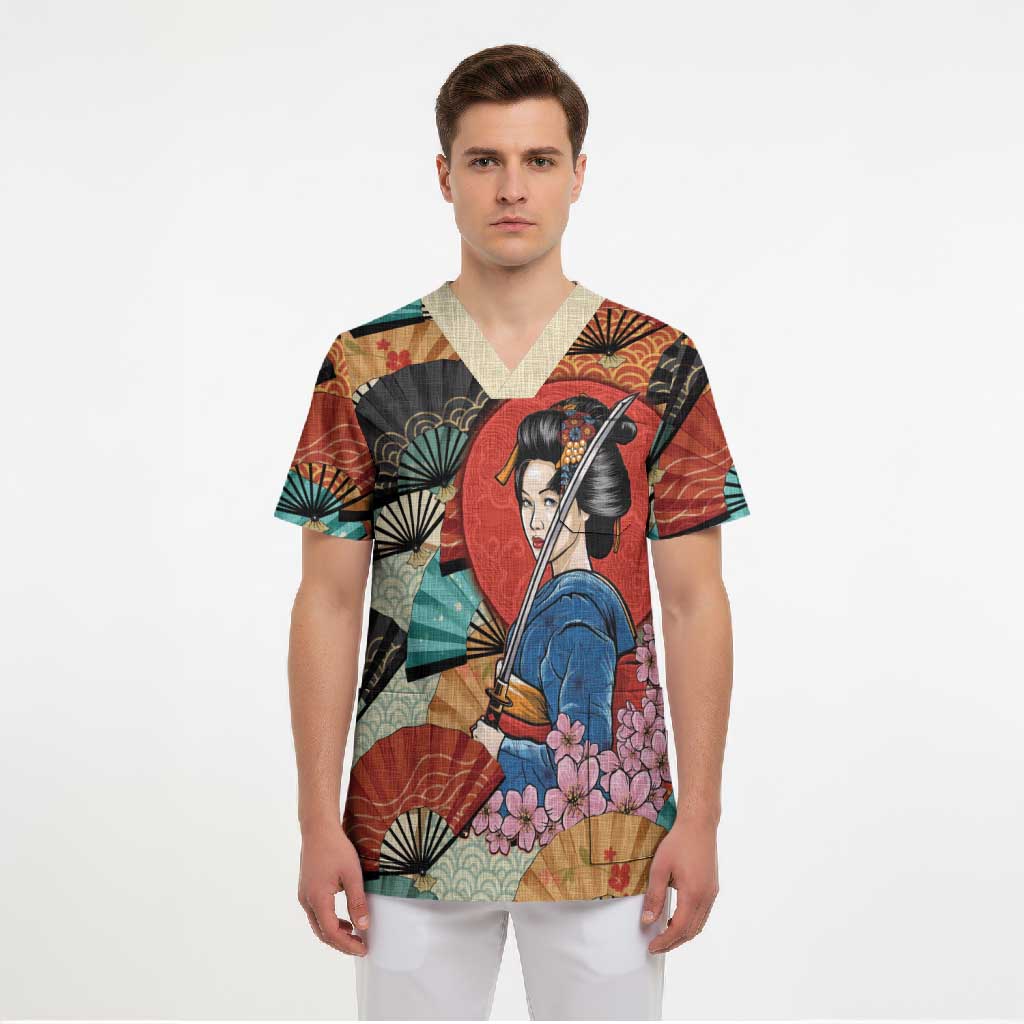Japanese Geisha Katana Scrub Top Japan Sensu Seigaiha Pattern - Polynesian Pride