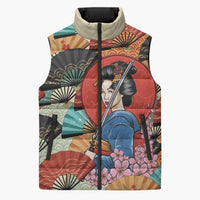 Japanese Geisha Katana Sleeveless Puffer Jacket Japan Sensu Seigaiha Pattern - Polynesian Pride