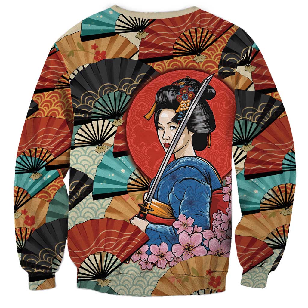 Japanese Geisha Katana Sweatshirt Japan Sensu Seigaiha Pattern - Polynesian Pride