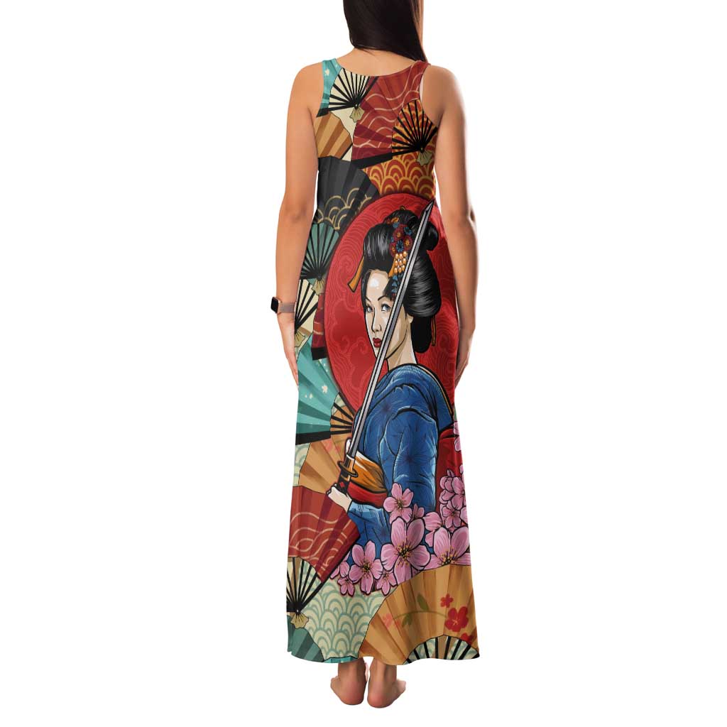 Japanese Geisha Katana Tank Maxi Dress Japan Sensu Seigaiha Pattern - Polynesian Pride
