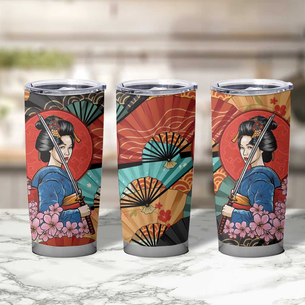 Japanese Geisha Katana Tumbler Cup Japan Sensu Seigaiha Pattern - Polynesian Pride