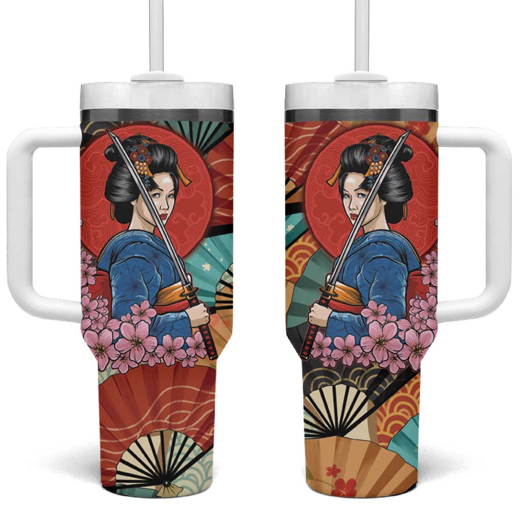 Japanese Geisha Katana Tumbler With Handle Japan Sensu Seigaiha Pattern - Polynesian Pride