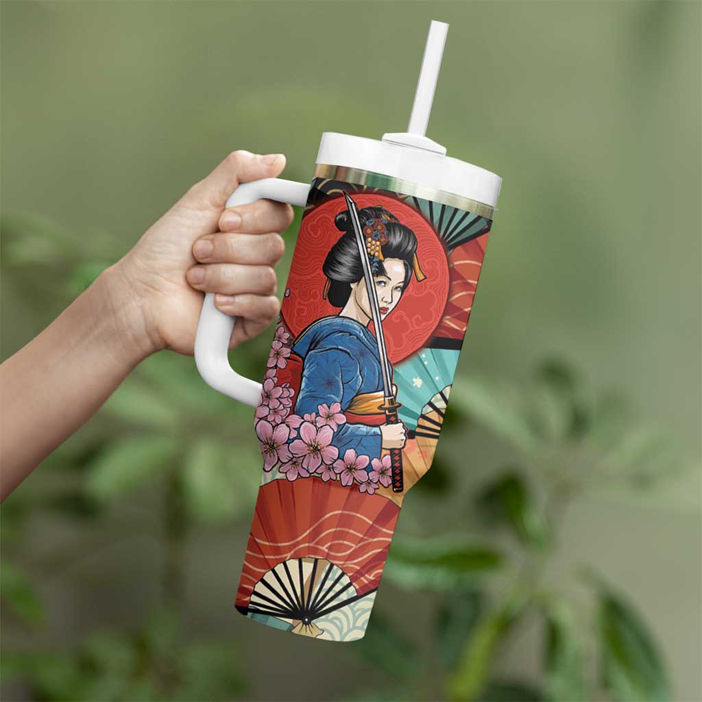 Japanese Geisha Katana Tumbler With Handle Japan Sensu Seigaiha Pattern - Polynesian Pride
