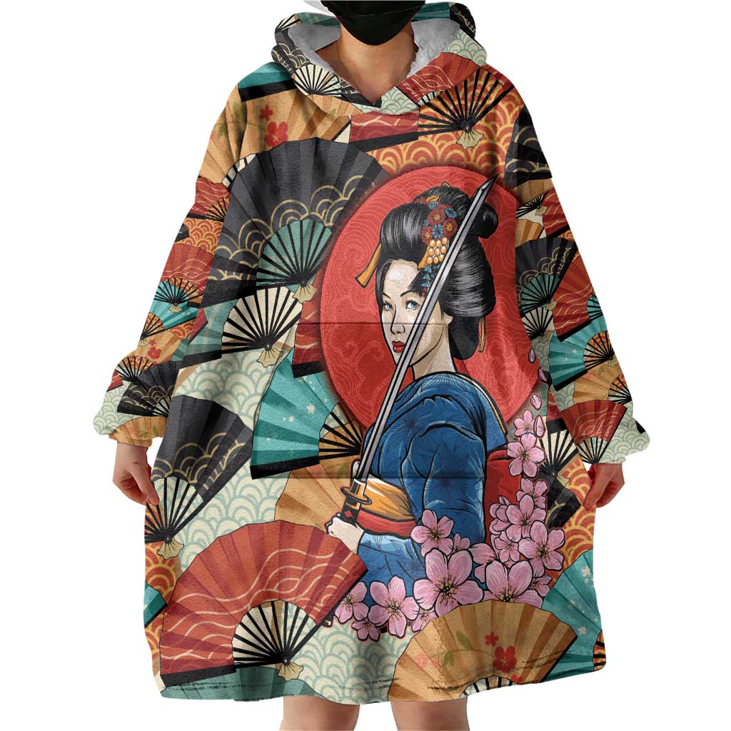 Japanese Geisha Katana Wearable Blanket Hoodie Japan Sensu Seigaiha Pattern - Polynesian Pride