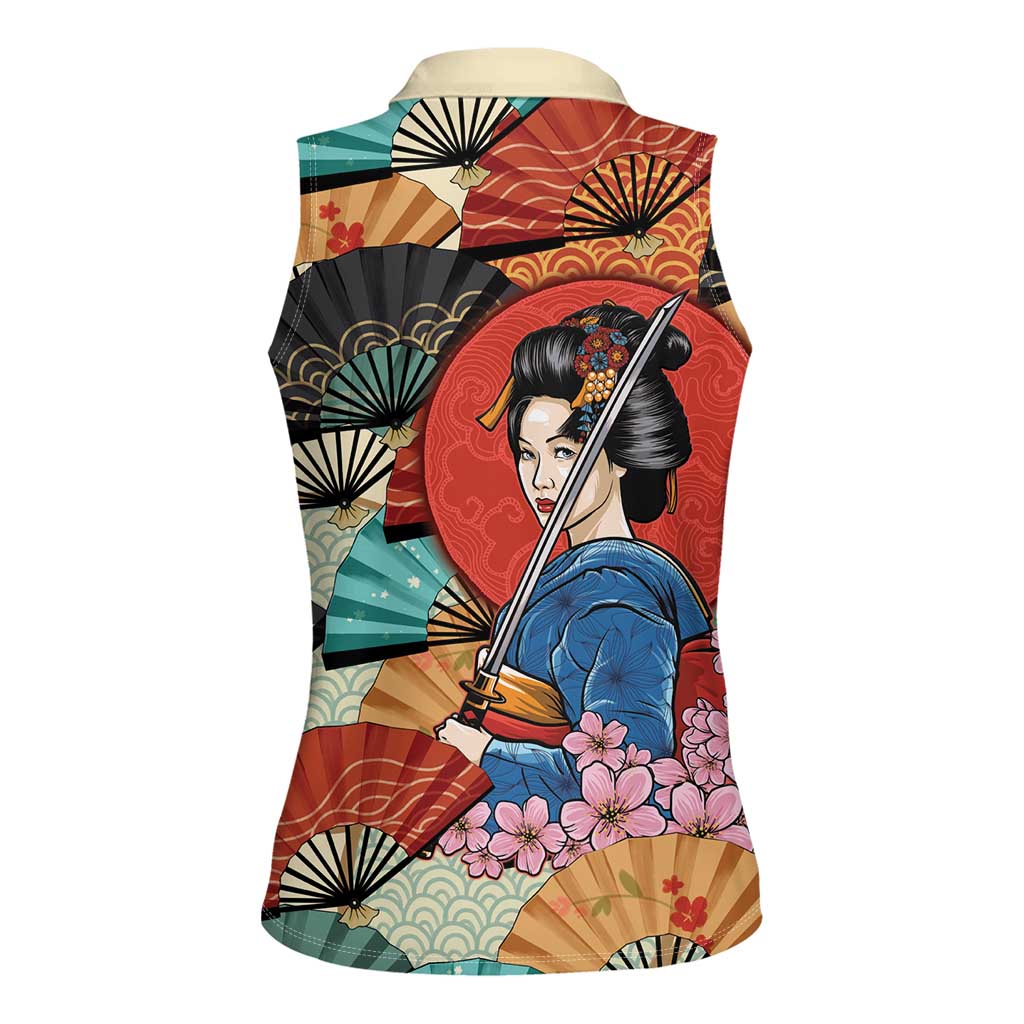 Japanese Geisha Katana Women Sleeveless Polo Shirt Japan Sensu Seigaiha Pattern - Polynesian Pride