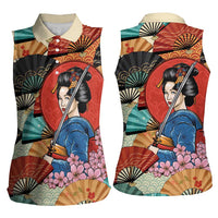 Japanese Geisha Katana Women Sleeveless Polo Shirt Japan Sensu Seigaiha Pattern - Polynesian Pride