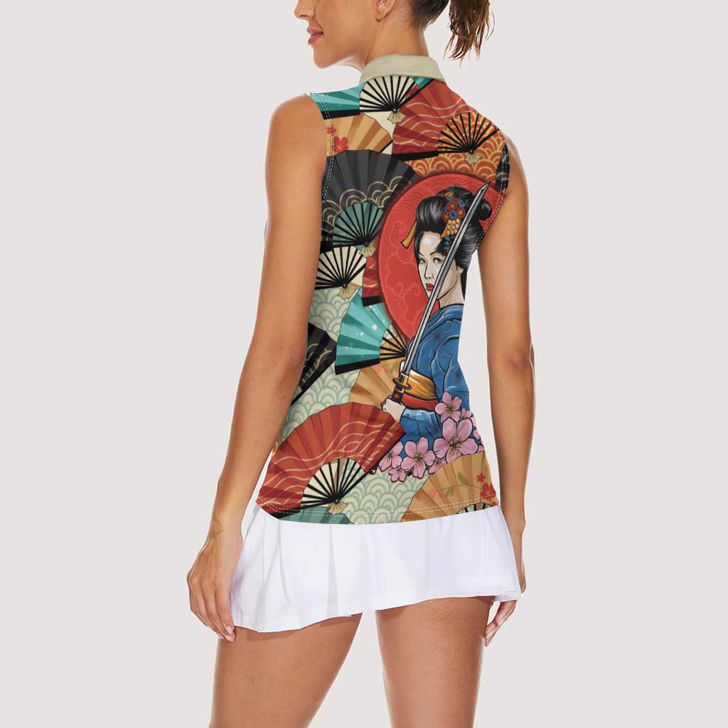 Japanese Geisha Katana Women Sleeveless Polo Shirt Japan Sensu Seigaiha Pattern - Polynesian Pride