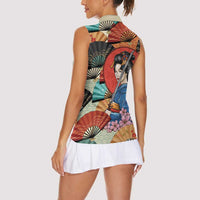 Japanese Geisha Katana Women Sleeveless Polo Shirt Japan Sensu Seigaiha Pattern - Polynesian Pride