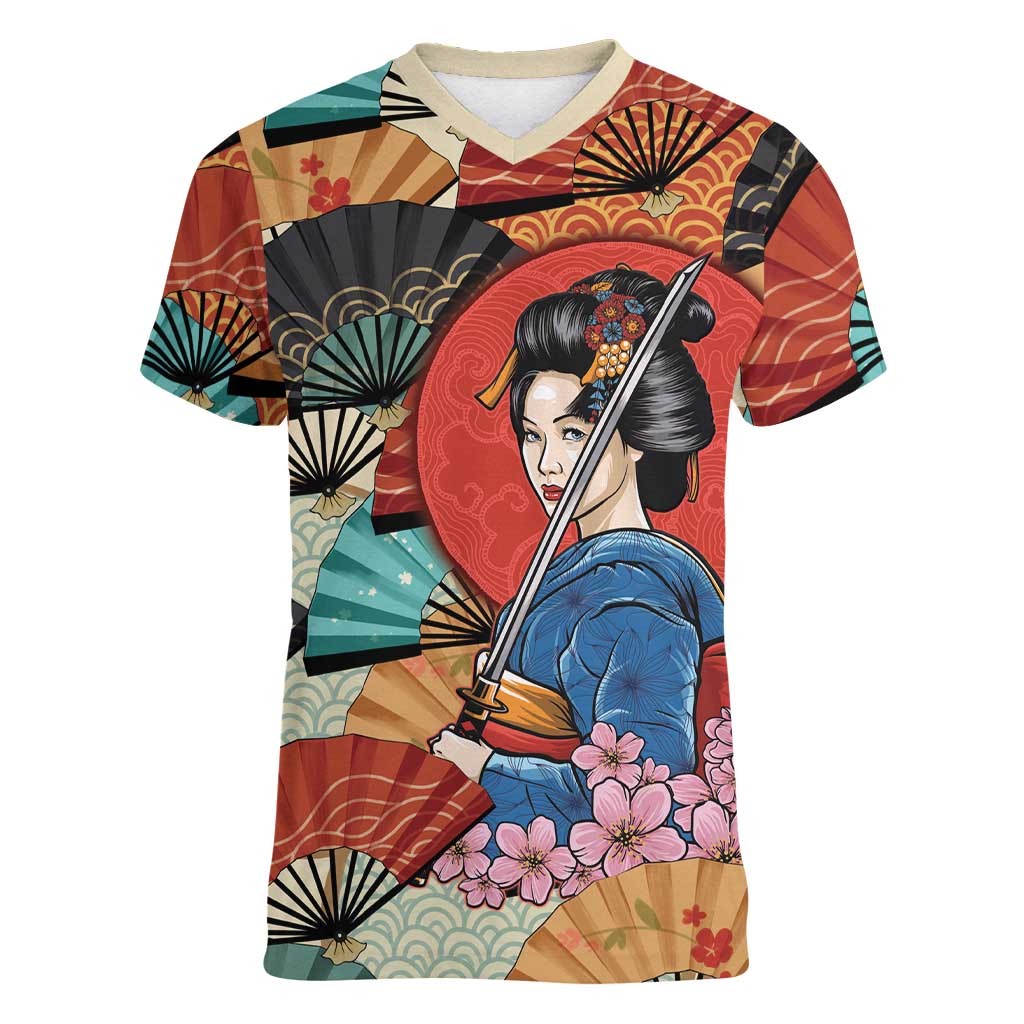 Japanese Geisha Katana Women V-Neck T-Shirt Japan Sensu Seigaiha Pattern - Polynesian Pride