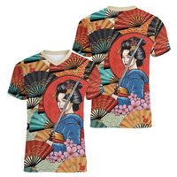 Japanese Geisha Katana Women V-Neck T-Shirt Japan Sensu Seigaiha Pattern - Polynesian Pride