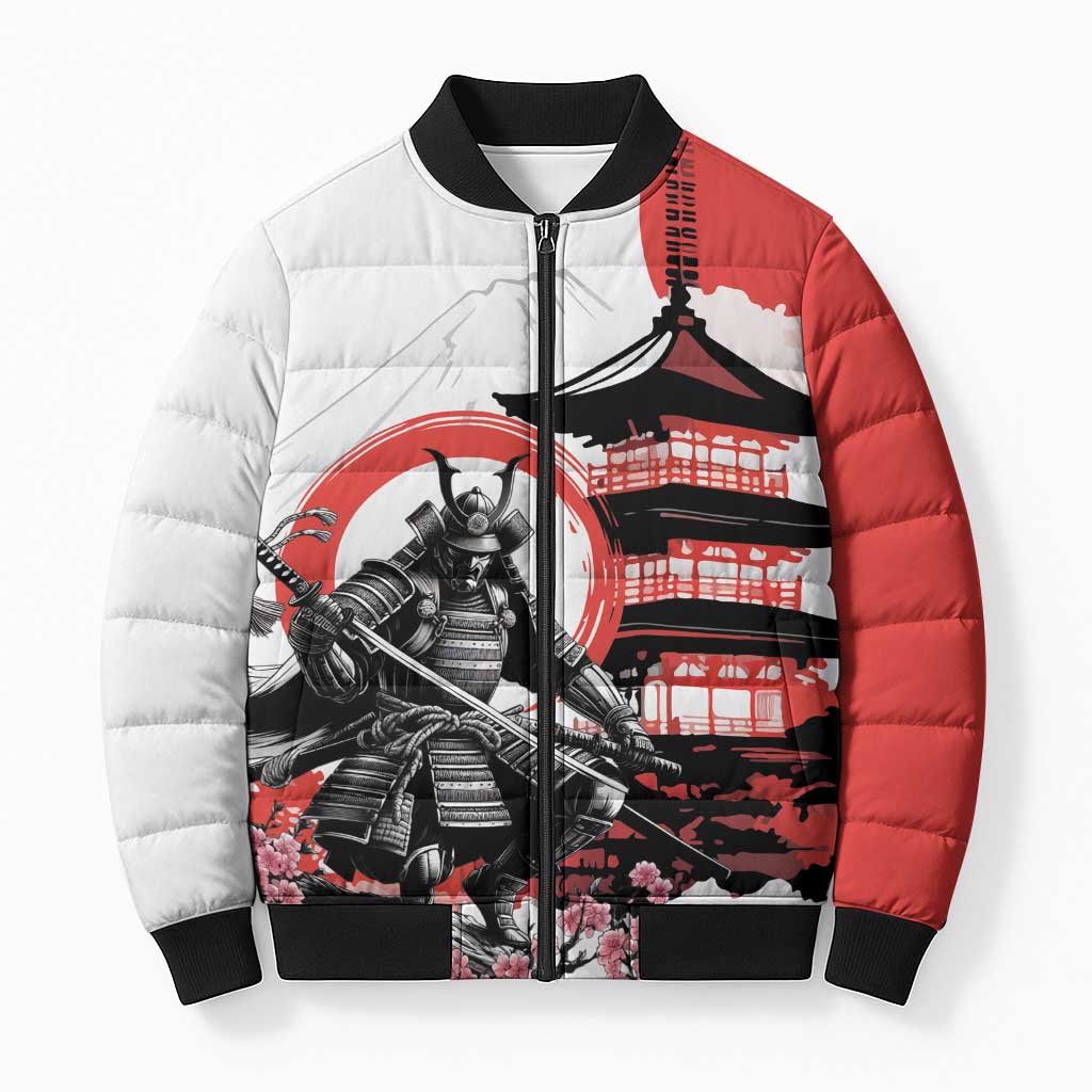 Japanese Samurai Warrior Enso Bomber Puffer Jacket Japan Pagoda Sakura Watercolor - Polynesian Pride