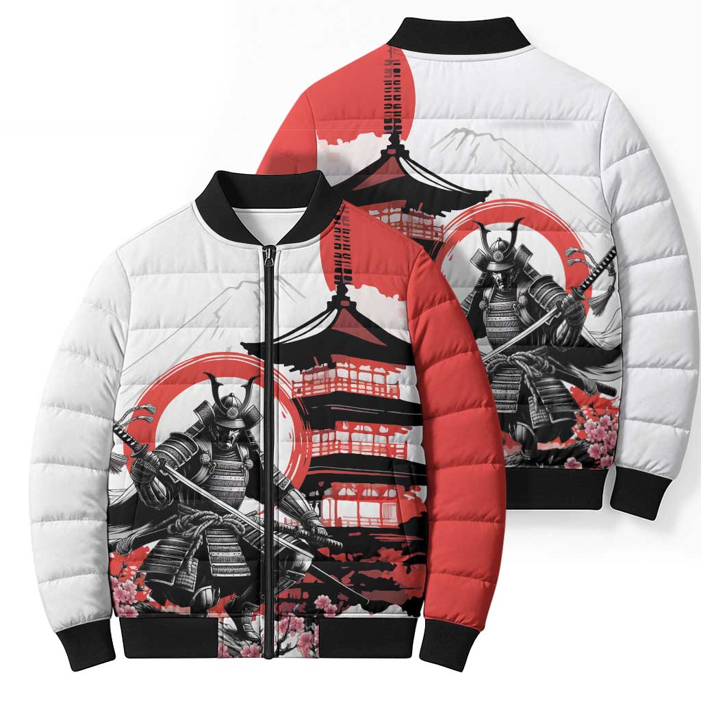 Japanese Samurai Warrior Enso Bomber Puffer Jacket Japan Pagoda Sakura Watercolor - Polynesian Pride