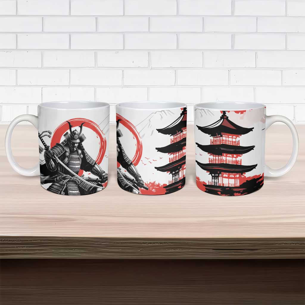 Japanese Samurai Warrior Enso Ceramic Mug Japan Pagoda Sakura Watercolor - Polynesian Pride