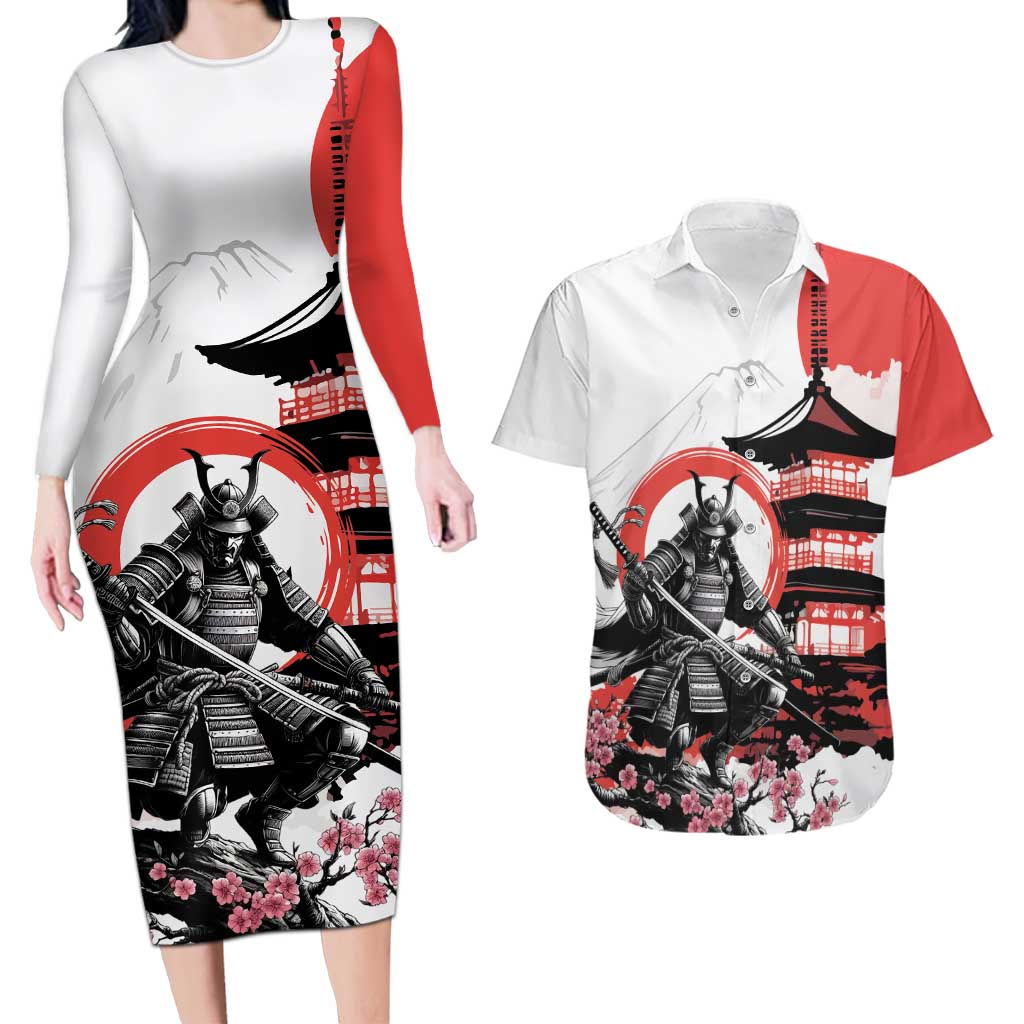 Japanese Samurai Warrior Enso Couples Matching Long Sleeve Bodycon Dress and Hawaiian Shirt Japan Pagoda Sakura Watercolor LT14 White - Polynesian Pride