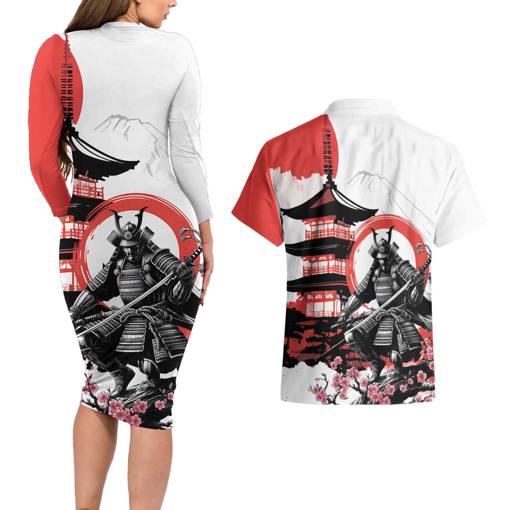 Japanese Samurai Warrior Enso Couples Matching Long Sleeve Bodycon Dress and Hawaiian Shirt Japan Pagoda Sakura Watercolor LT14 - Polynesian Pride