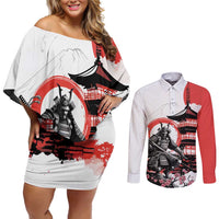 Japanese Samurai Warrior Enso Couples Matching Off Shoulder Short Dress and Long Sleeve Button Shirt Japan Pagoda Sakura Watercolor - Polynesian Pride