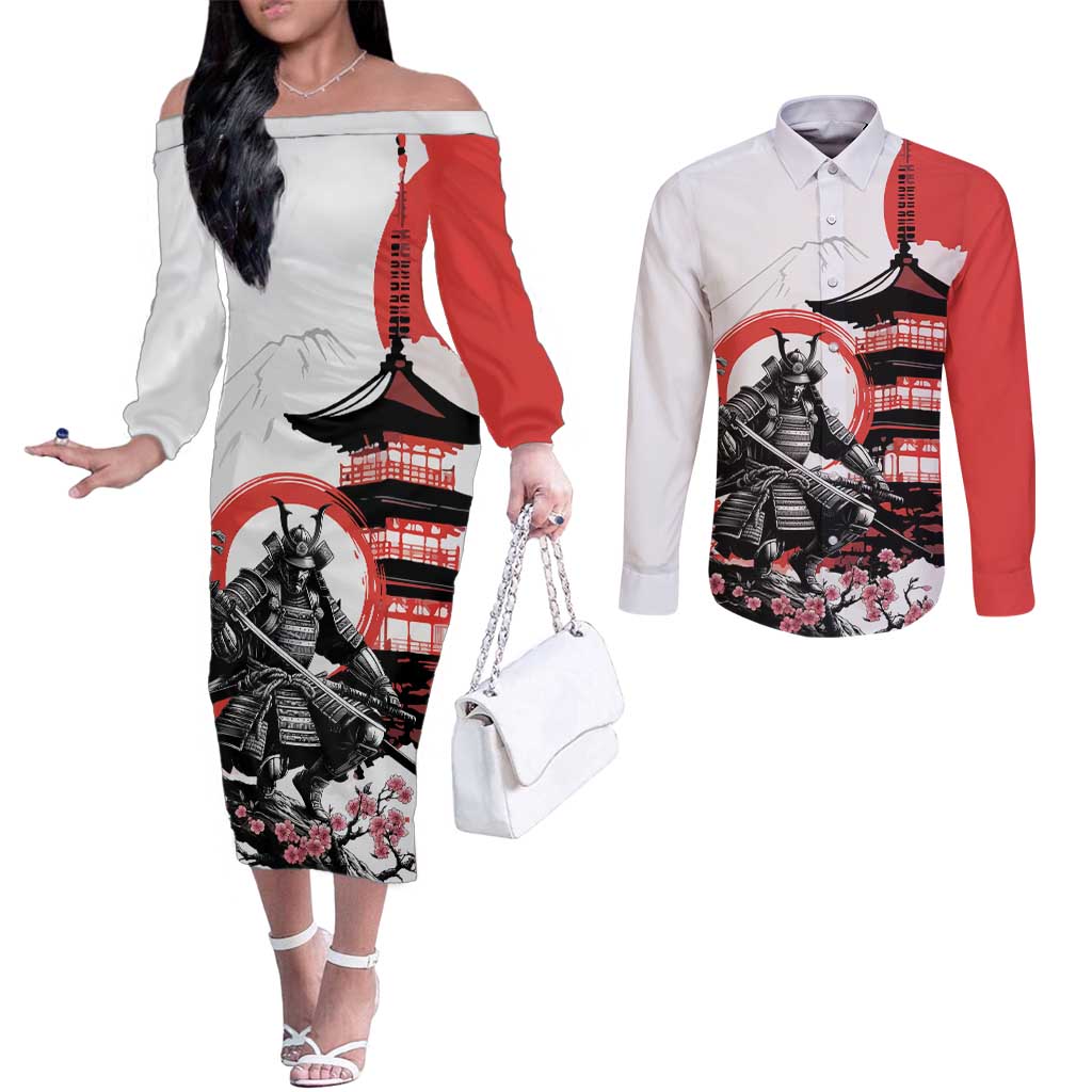 Japanese Samurai Warrior Enso Couples Matching Off The Shoulder Long Sleeve Dress and Long Sleeve Button Shirt Japan Pagoda Sakura Watercolor - Polynesian Pride