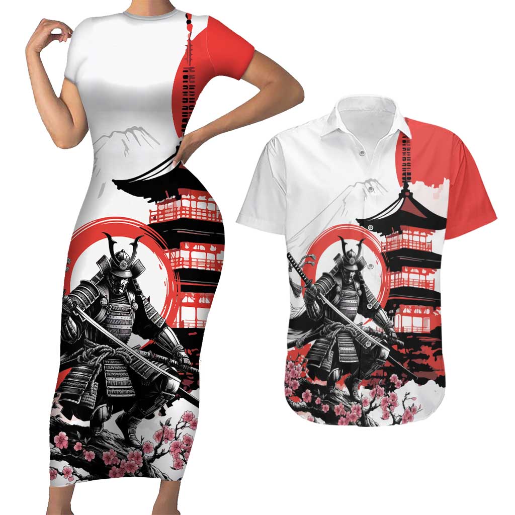 Japanese Samurai Warrior Enso Couples Matching Short Sleeve Bodycon Dress and Hawaiian Shirt Japan Pagoda Sakura Watercolor LT14 White - Polynesian Pride