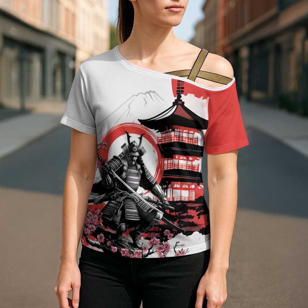 Japanese Samurai Warrior Enso Cross Shoulder Shirt Japan Pagoda Sakura Watercolor - Polynesian Pride