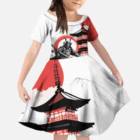 Japanese Samurai Warrior Enso Family Matching Off The Shoulder Long Sleeve Dress and Hawaiian Shirt Japan Pagoda Sakura Watercolor LT14 Daughter's Dress White - Polynesian Pride