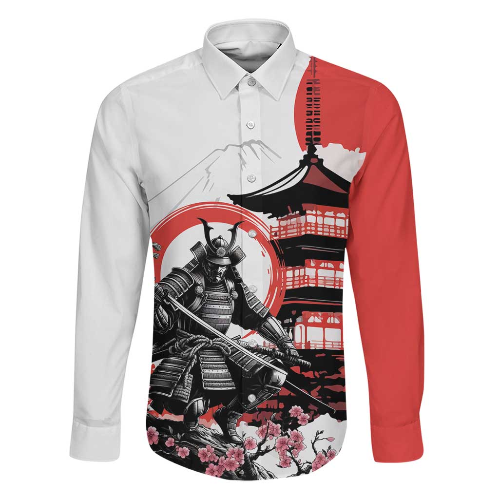 Japanese Samurai Warrior Enso Family Matching Off The Shoulder Long Sleeve Dress and Hawaiian Shirt Japan Pagoda Sakura Watercolor LT14 Dad's Shirt - Long Sleeve White - Polynesian Pride